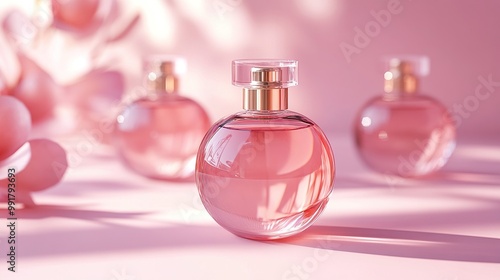 Pink Perfume Bottles On Light Pink Background. 3D Illustration. Generate Ai Image