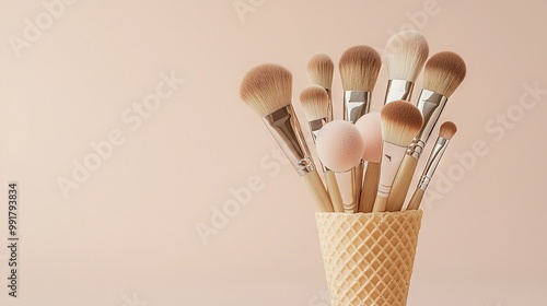  A brush set resting atop a pastel backdrop against a muted wall photo