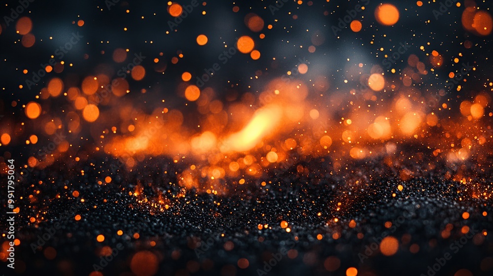 Obraz premium Abstract Orange and Black Sparkly Background. Blurred Fire Embers Over Dark Background. Fire Sparks. Generate Ai Image