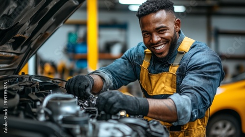 A joyful mechanic works diligently on an engine in a vibrant automotive workshop