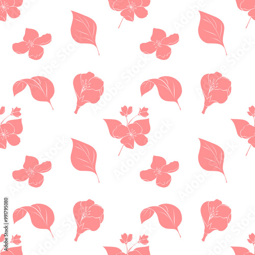 Pink flower seamless pattern, Floral pattern, Botanical illustration, Cherry blossom , Seamless pattern with flowers