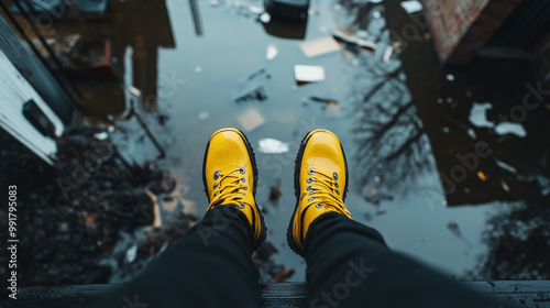 A person standing in yellow boots on a staircase, looking down at the water that has filled the lower level of the home, the reflection of ruined furniture visible in the flood bel photo