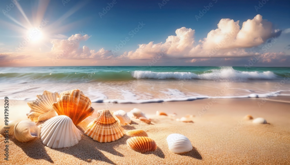 Landscape with seashells on tropical beach - summer holiday Landscape with seashells on tropical beach - summer holiday