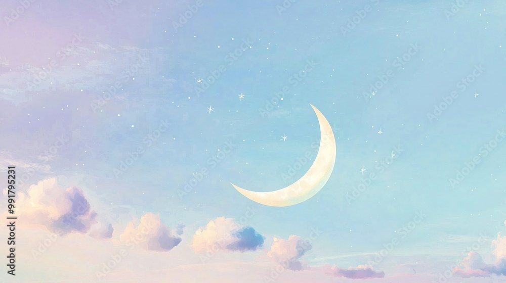 A painting depicts a night sky filled with a crescent moon and scattered clouds in the foreground A painting depicts a night sky filled with a crescent moon and scattered clouds in the foreground