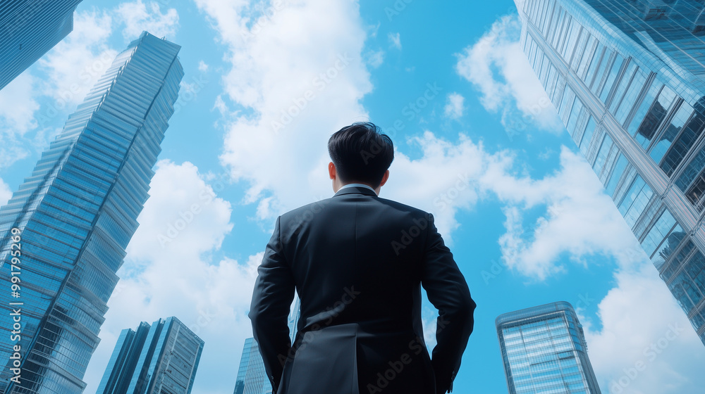 A young Chinese businessman in a sharp suit stands confidently at the base of a towering office building, gazing toward the distant horizon, the sleek skyscrapers and blue sky fram A young Chinese businessman in a sharp suit stands confidently at the base of a towering office building, gazing toward the distant horizon, the sleek skyscrapers and blue sky fram