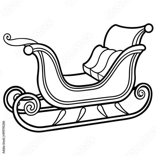 A sleek, traditional Santa sleigh with curved runners and minimal detailing line art vector