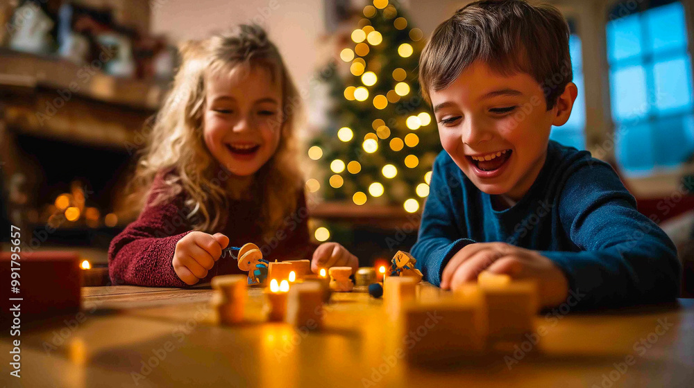 Children playing dreidel games at home, their faces lit with excitement and laughter, surrounded by festive Hanukkah decorations and a glowing menorah in the background Children playing dreidel games at home, their faces lit with excitement and laughter, surrounded by festive Hanukkah decorations and a glowing menorah in the background