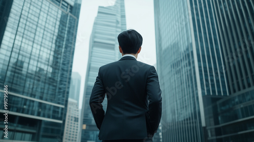 The wind lightly ruffles the suit of a young Chinese businessman standing before a massive office complex, his gaze directed toward the bright skyline, framed by towering glass bui