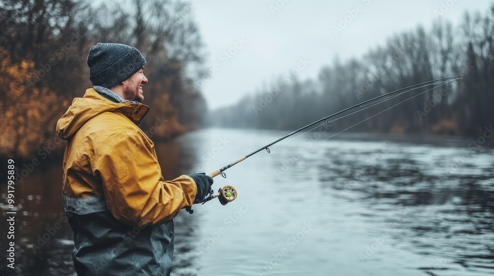 A man enjoys fishing by a tranquil river smiling under grey skies in cozy attire A man enjoys fishing by a tranquil river smiling under grey skies in cozy attire
