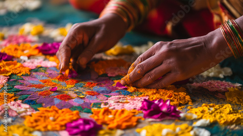 Close-up of hands crafting intricate rangoli patterns with colored powders and flower petals, showcasing the art and cultural significance of this Diwali tradition