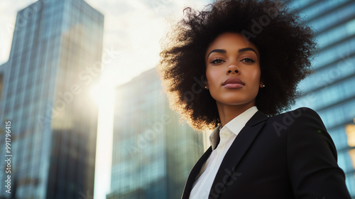 Portrait of a striking black woman in a stylish suit, her afro catching the light, as she stands before a blurry backdrop of towering office buildings, exuding elegance and strengt photo