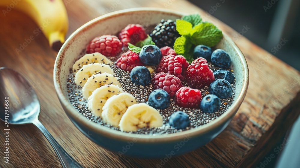 A wooden table holds a bowl brimming with chia seeds, ripe bananas, sweet raspberries, and juicy kiwis A wooden table holds a bowl brimming with chia seeds, ripe bananas, sweet raspberries, and juicy kiwis