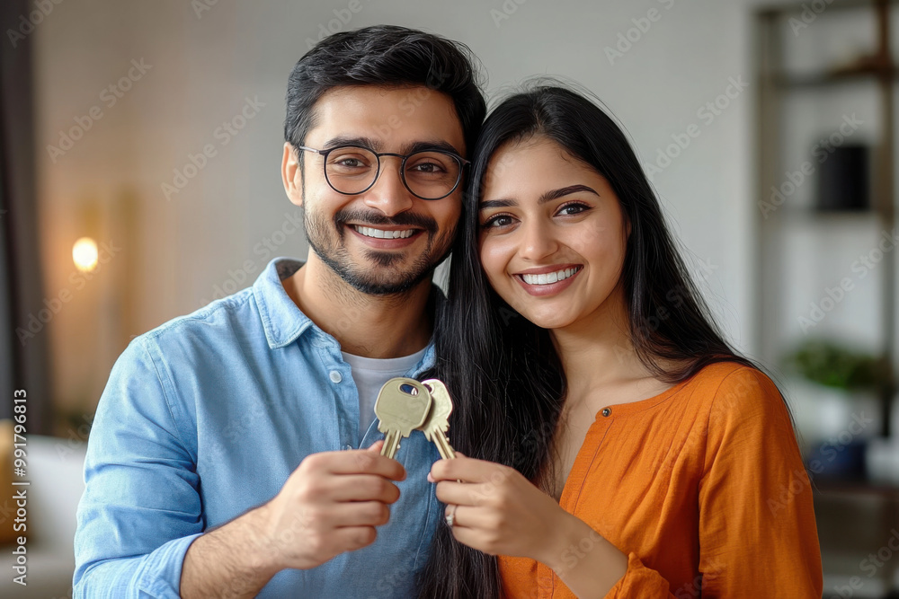 Satisfied young indian spouses show keys at own flat in living room, enjoy moving, buying new home, renting house together, copy space