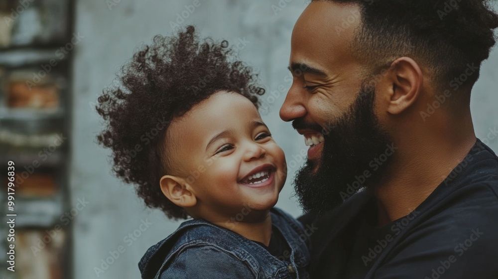 A smiling father embraces his cheerful child in a heartwarming outdoor encounter A smiling father embraces his cheerful child in a heartwarming outdoor encounter