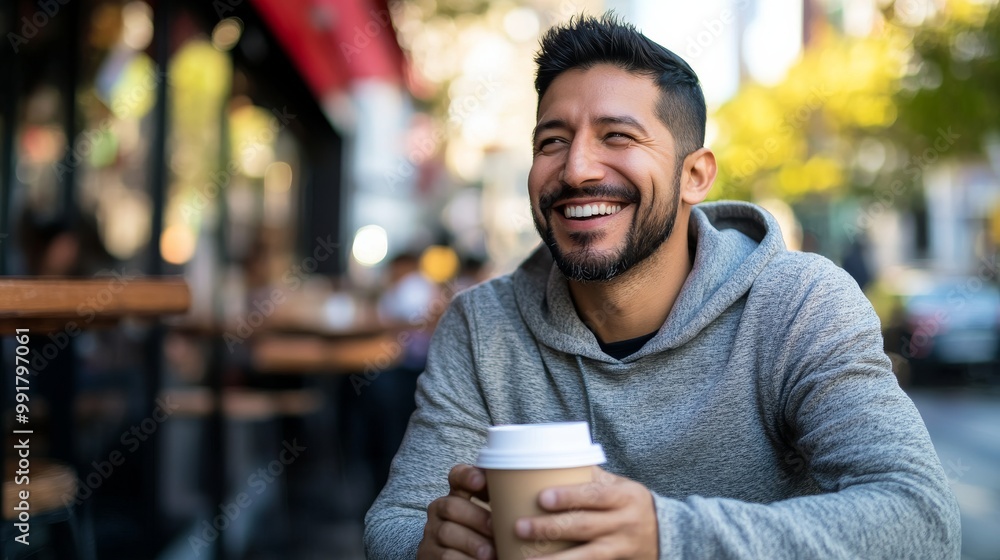 A cheerful Hispanic man savors his coffee while soaking up the lively outdoor atmosphere A cheerful Hispanic man savors his coffee while soaking up the lively outdoor atmosphere