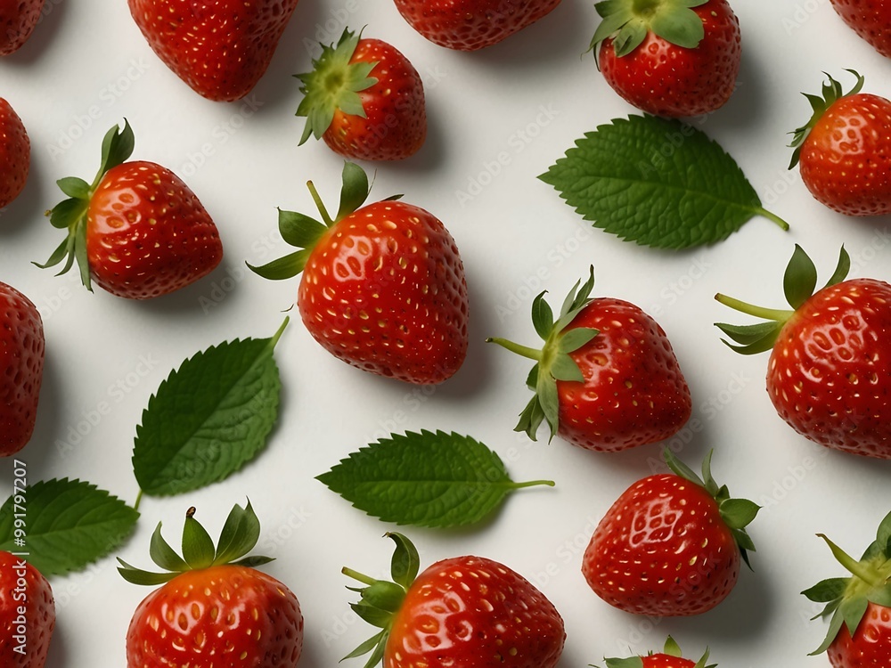 Single ripe strawberry with green leaves on a white background. Single ripe strawberry with green leaves on a white background.
