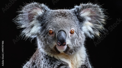 Cute koala bear on isolated black background photo