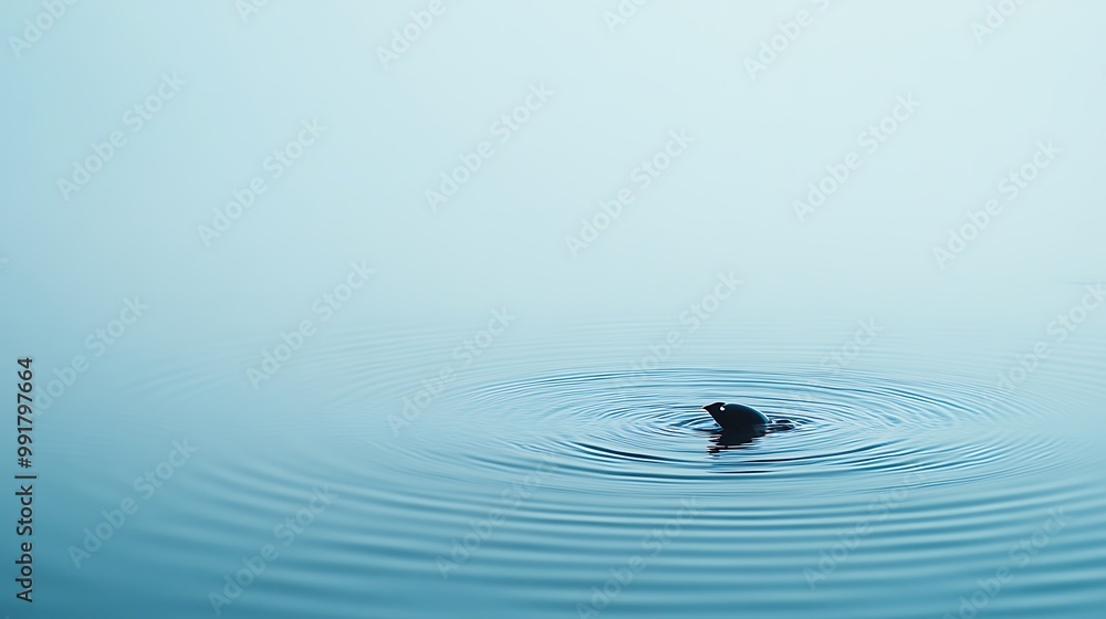 A lone seal surfaces in calm, blue water, creating ripples. A lone seal surfaces in calm, blue water, creating ripples.