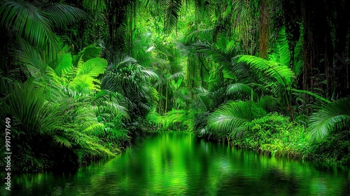  A lush green forest, adorned with numerous trees, frames a serene river