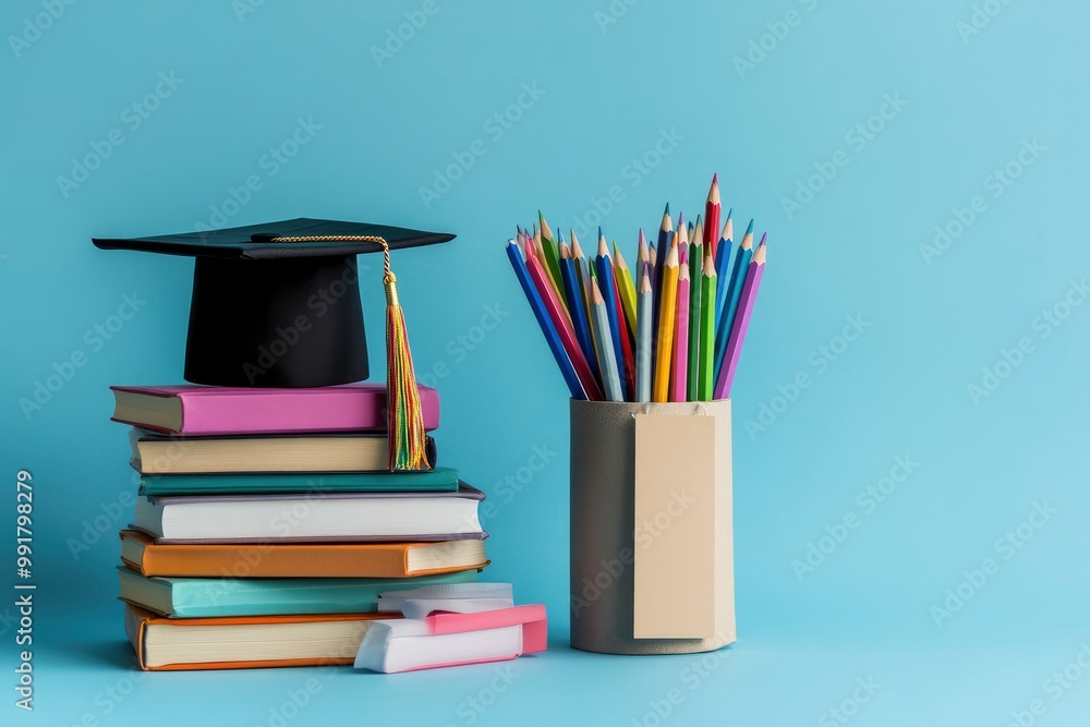 Graduation day.A mortarboard and graduation scroll on stack of books with pencils color in a pencil case on blue background.Education learning concept geneative ai Graduation day.A mortarboard and graduation scroll on stack of books with pencils color in a pencil case on blue background.Education learning concept geneative ai