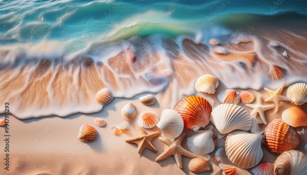 Landscape with seashells on tropical beach - summer holiday Landscape with seashells on tropical beach - summer holiday