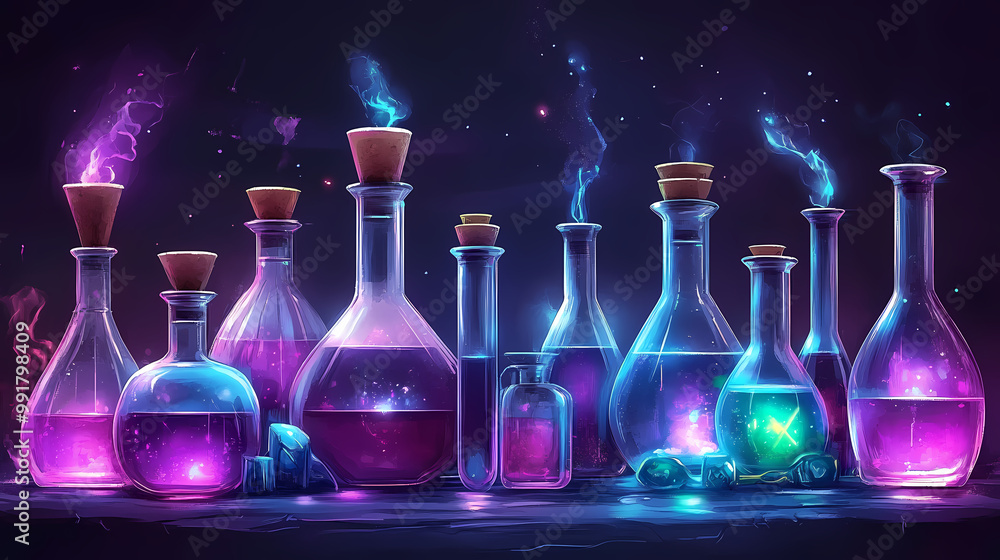 Flask and test tubes with potion and poison. Magic Potion. Illustration Flask and test tubes with potion and poison. Magic Potion. Illustration
