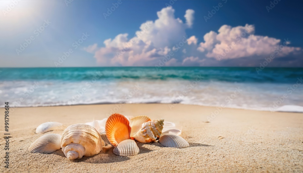 Landscape with seashells on tropical beach - summer holiday Landscape with seashells on tropical beach - summer holiday