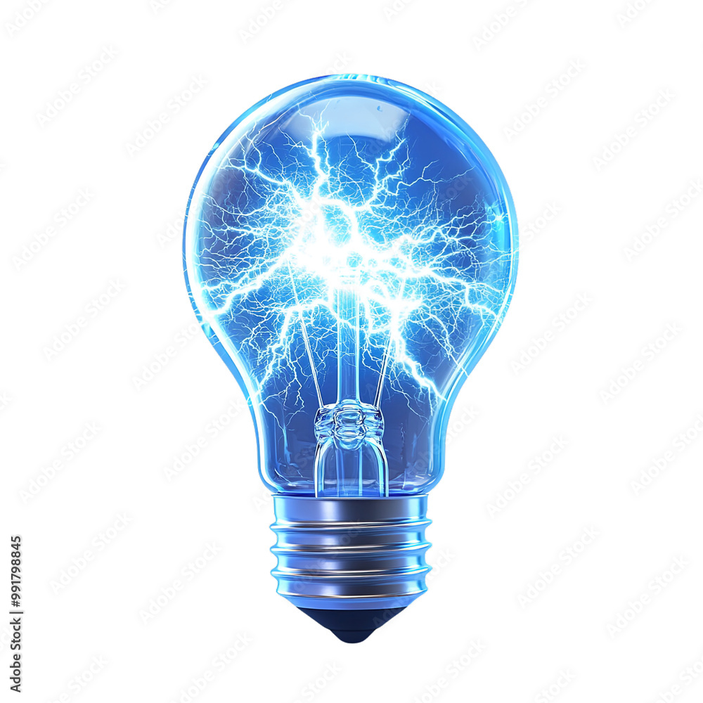 Blue light bulb and lighting strike, bright static electricity energy and power. Danger spark shock, glowing thunder bolt flash, illuminated, technology transparent background Generative Ai Blue light bulb and lighting strike, bright static electricity energy and power. Danger spark shock, glowing thunder bolt flash, illuminated, technology transparent background Generative Ai