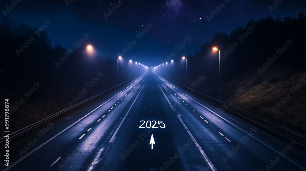 A highway at night, illuminated by glowing streetlights, with A highway at night, illuminated by glowing streetlights, with