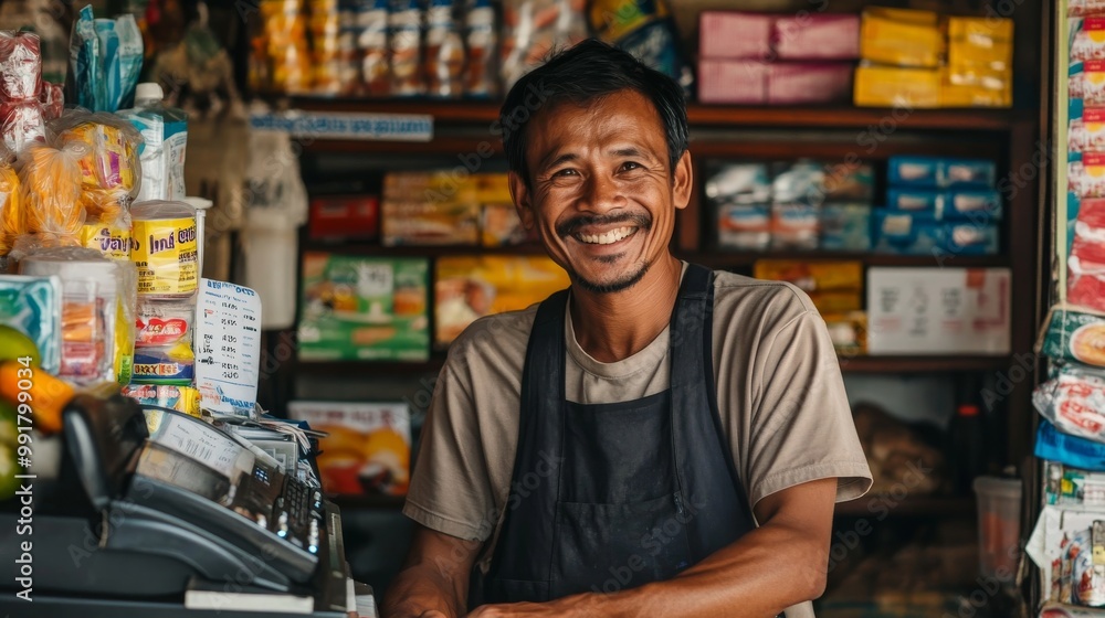 An enthusiastic cashier greets customers warmly in his bustling market store An enthusiastic cashier greets customers warmly in his bustling market store
