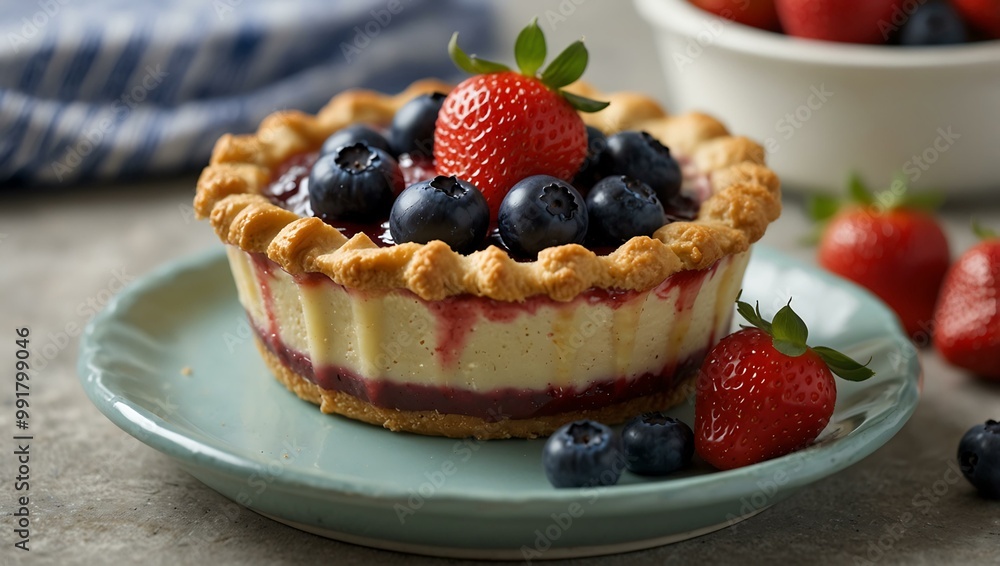 Small dessert pie topped with strawberries and blueberries. Small dessert pie topped with strawberries and blueberries.
