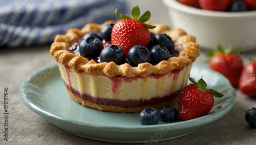 Small dessert pie topped with strawberries and blueberries.