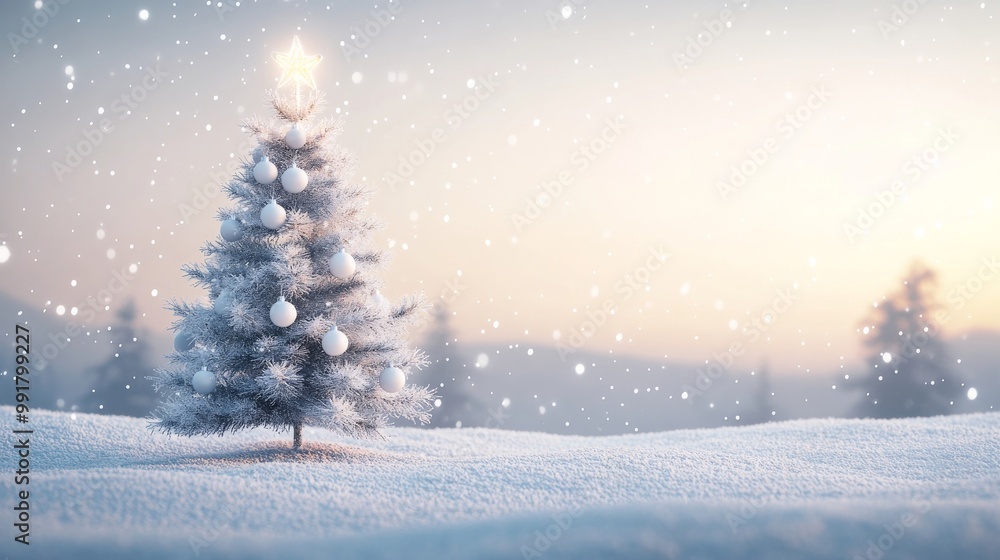 Minimalist Christmas Banner Featuring a Tree and Twilight Sky Background Minimalist Christmas Banner Featuring a Tree and Twilight Sky Background