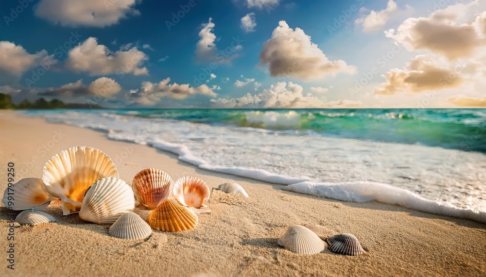 Landscape with seashells on tropical beach - summer holiday Landscape with seashells on tropical beach - summer holiday