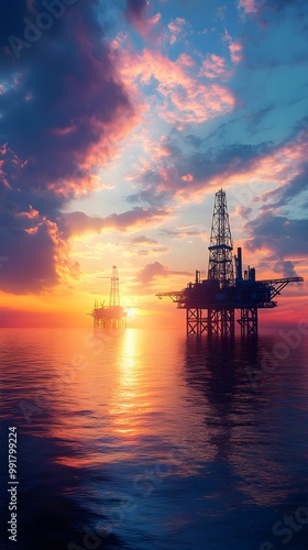 Oil rigs bathed in light from breathtaking sunset image