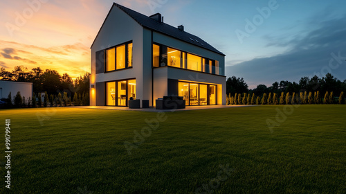 A modern, two-story house with large windows glowing with warm, soft lighting at dusk, surrounded by a spacious lawn, with plenty of copy space in the tranquil, gradient sky.