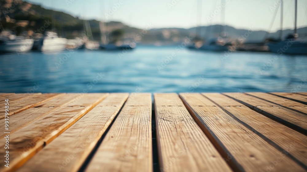 A tranquil view of wooden planks on a dock leading to calm waters and distant boats A tranquil view of wooden planks on a dock leading to calm waters and distant boats