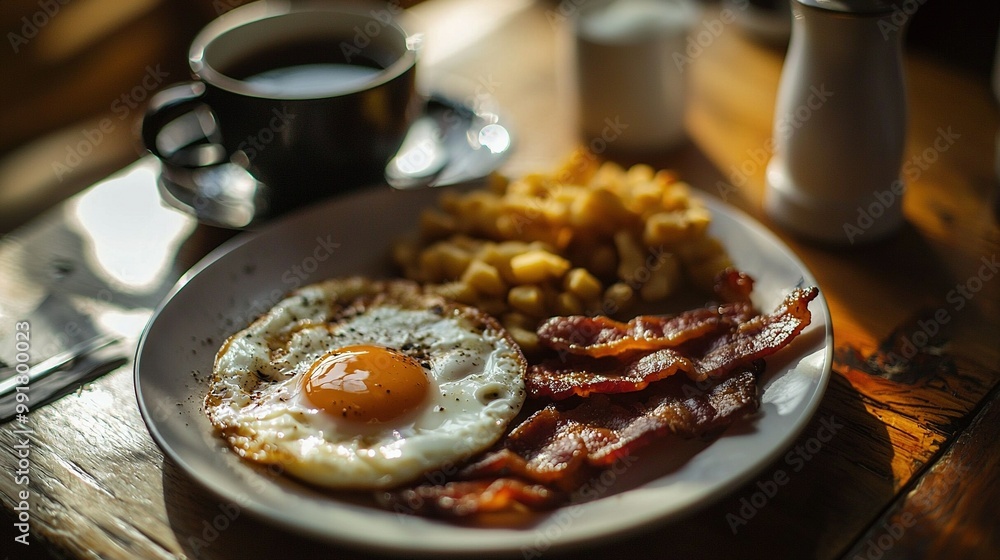 Table with bacon, eggs, fries & coffee Table with bacon, eggs, fries & coffee