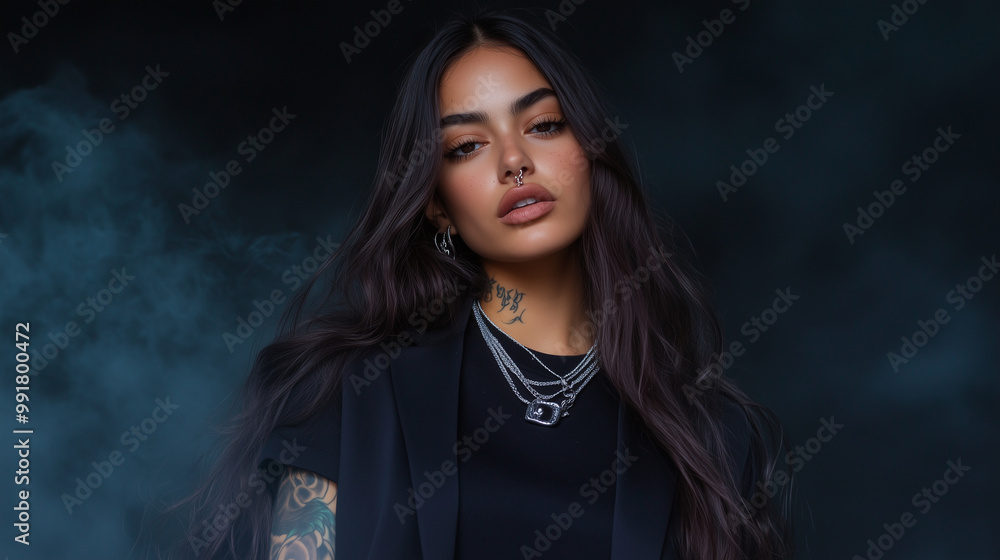 A trendy Hispanic female model with long, flowing hair, wearing a plain black t-shirt and a sleek black blazer, her tattoos and silver jewelry subtly glinting, standing confidently A trendy Hispanic female model with long, flowing hair, wearing a plain black t-shirt and a sleek black blazer, her tattoos and silver jewelry subtly glinting, standing confidently