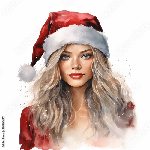 Young woman in a red Santa hat, festive holiday-themed illustration with a watercolor effect