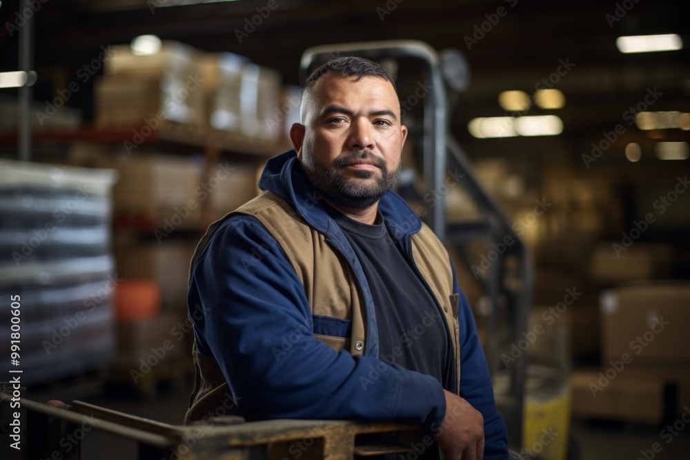 Obraz premium Portrait of a hispanic middle aged male warehouse worker