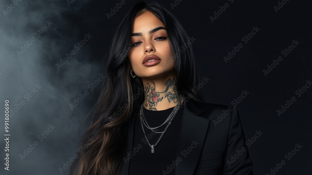 Fototapeta premium A bold, fashionable Hispanic woman with long, flowing hair, in a plain black t-shirt and black blazer, her tattoos and jewelry gleaming slightly in the low light, standing amidst a
