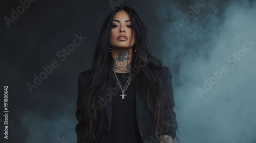 A fierce Hispanic female with long hair cascading down, in a black t-shirt and blazer, her tattoos and edgy accessories catching the eye, as she stands against a dark, foggy backdr