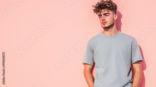 A fatigued young man, his face worn and tired, leaning slightly forward with his hands in his pockets, standing against a calming pastel background, allowing room for text around h