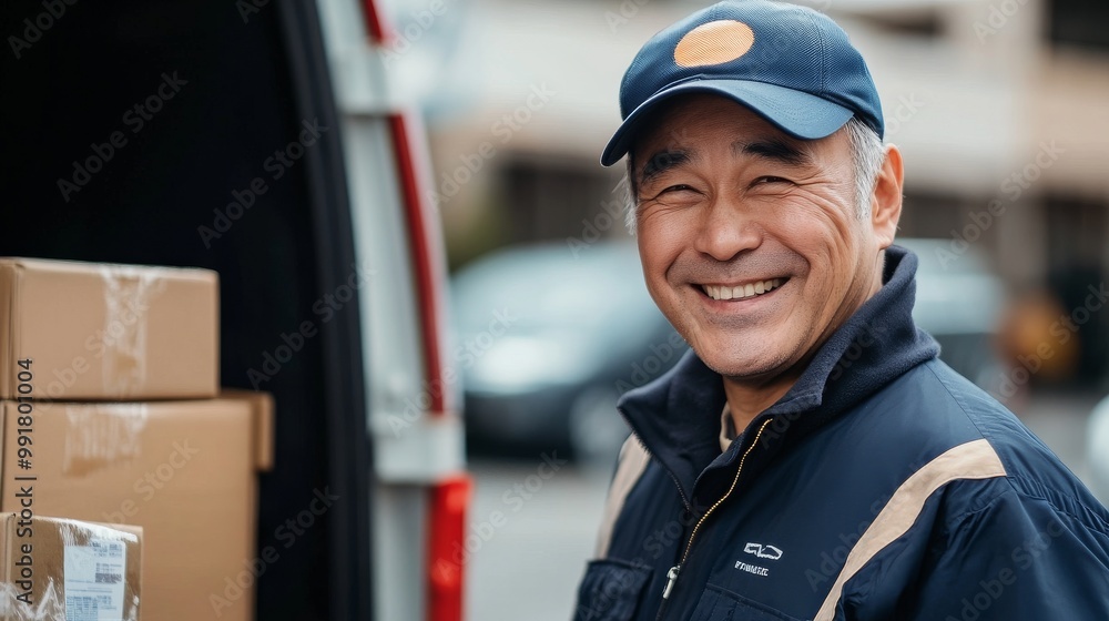 The happy driver smiles as he loads boxes into his vehicle in a lively urban setting The happy driver smiles as he loads boxes into his vehicle in a lively urban setting