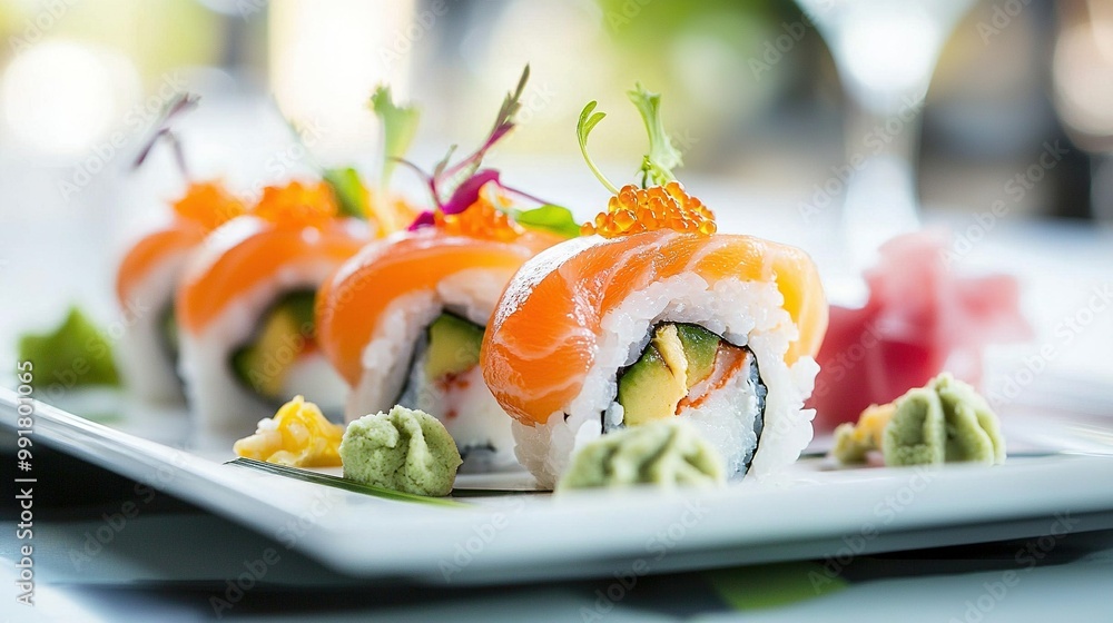 White plate, sushi with sauce, garnished White plate, sushi with sauce, garnished