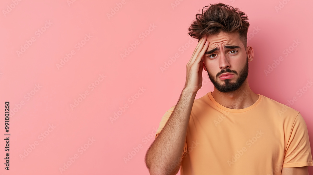 A portrait of an exhausted young man rubbing his forehead with one hand, his expression showing mental and physical fatigue, with a muted pastel background offering space for text. A portrait of an exhausted young man rubbing his forehead with one hand, his expression showing mental and physical fatigue, with a muted pastel background offering space for text.