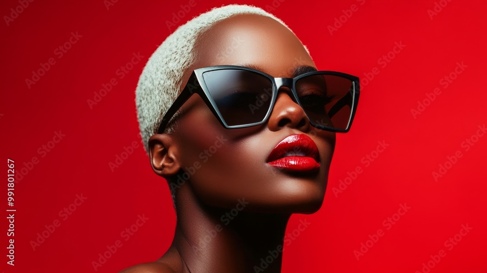 Close-up portrait of an African woman with white hair in geometric glasses against a bold background Close-up portrait of an African woman with white hair in geometric glasses against a bold background