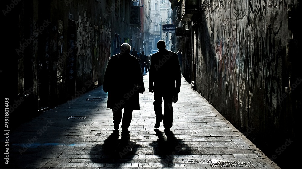 A pair of men stroll along a street beside a mural and an illuminated path ahead A pair of men stroll along a street beside a mural and an illuminated path ahead