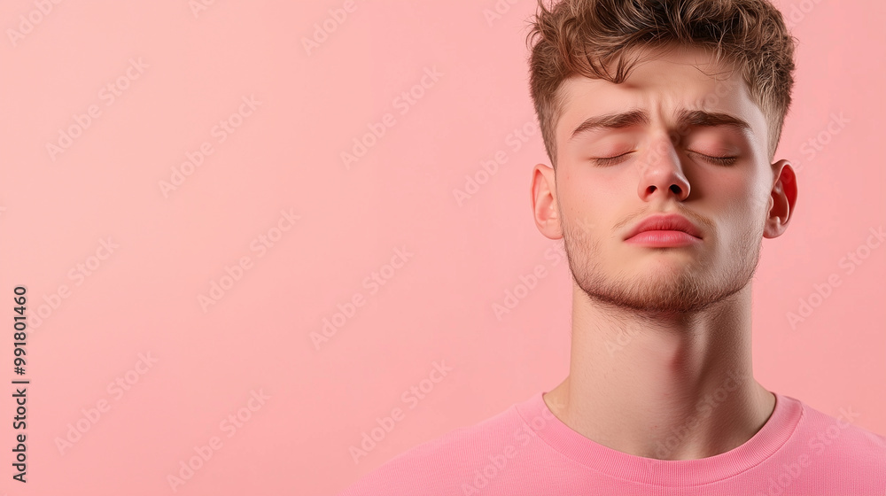 Fototapeta premium A close-up of an exhausted young man with his eyes closed, his face showing clear signs of fatigue, standing in front of a soft pastel background with ample copy space.